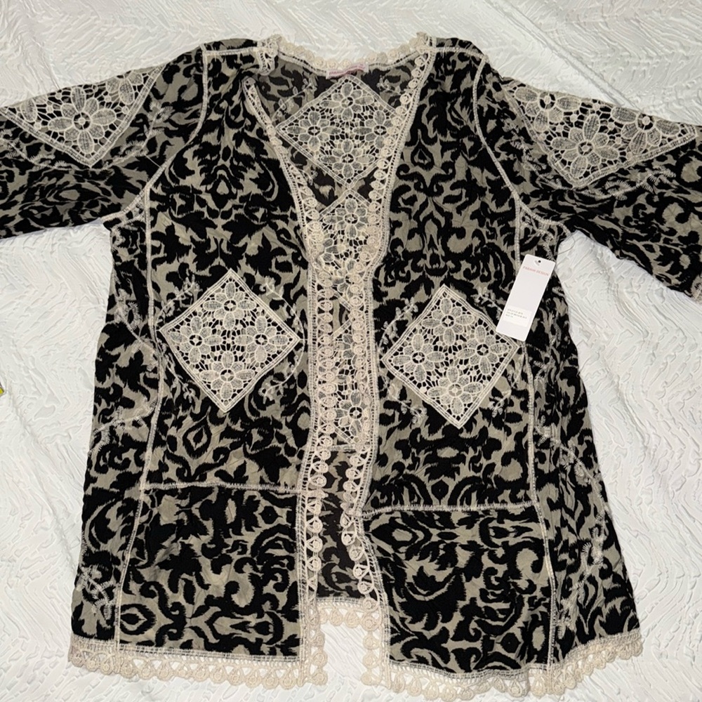Parami Design Kimono, Black/White, Lace, Lace Trim, Size 1XL NWT